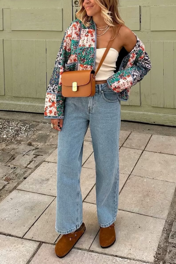 Printed Loose Cardigan Short Quilted Cotton Jacket