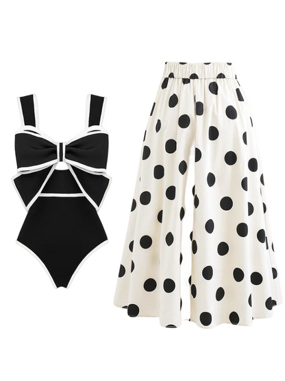 Black and White Bow Decor One Piece Swimsuit and Skirt