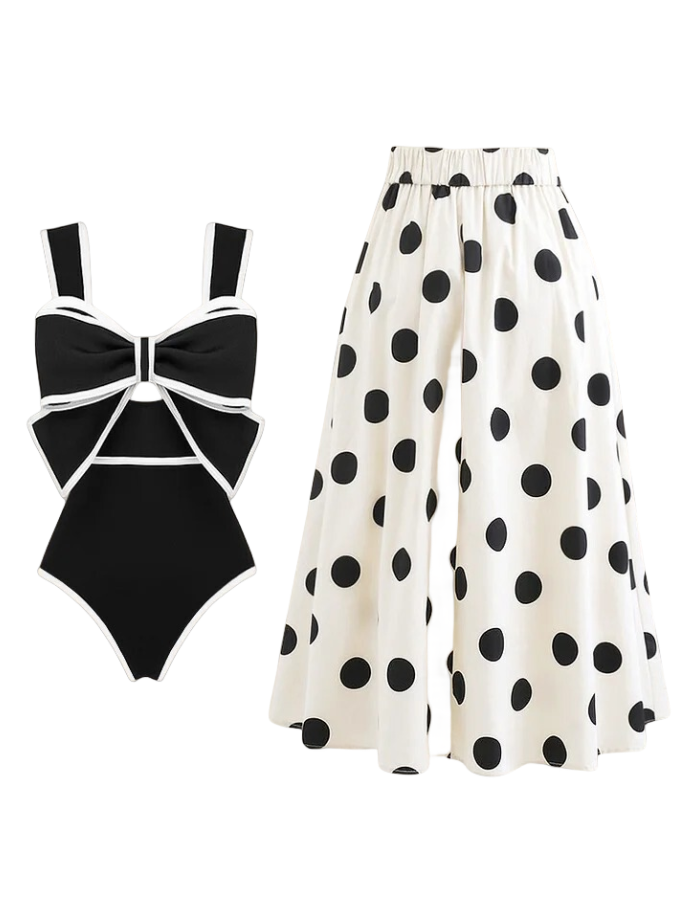 Black and White Bow Decor One Piece Swimsuit and Skirt