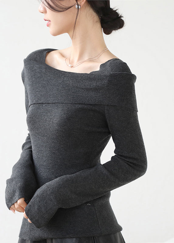 French Grey Slash Neck Patchwork Slim Fit Knit Sweaters Winter Rv031