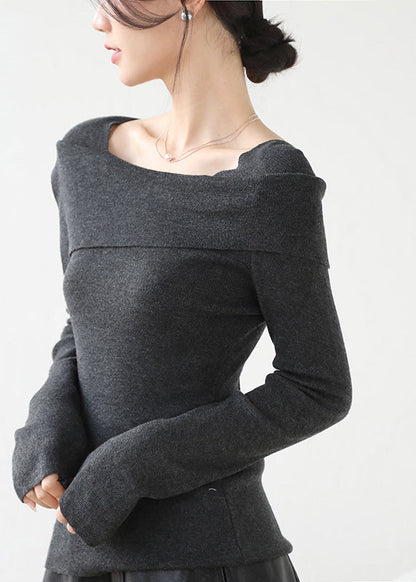 French Grey Slash Neck Patchwork Slim Fit Knit Sweaters Winter Rv031