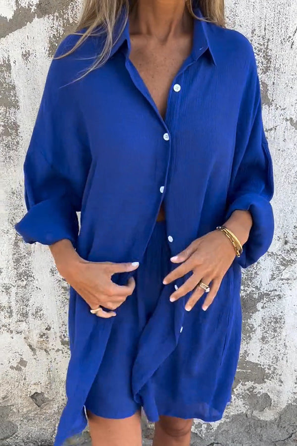 Color Lapel Long Shirt and Elastic Waist Loose Pocket Shorts Set