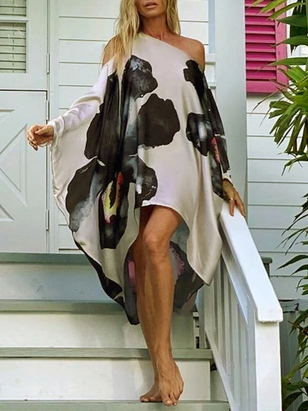 Loose Flower Print Cold Shoulder High-low Long Dress