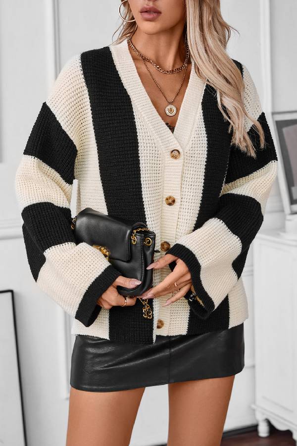 Contrast Striped Sweater Cardigan Autumn and Winter Loose Knitting Shirt