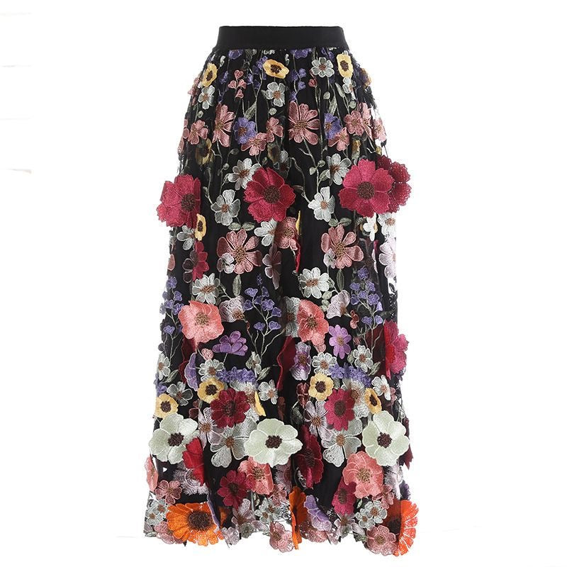 French Elastic Waist Yellow Embroidery Patch Tulle Skirt