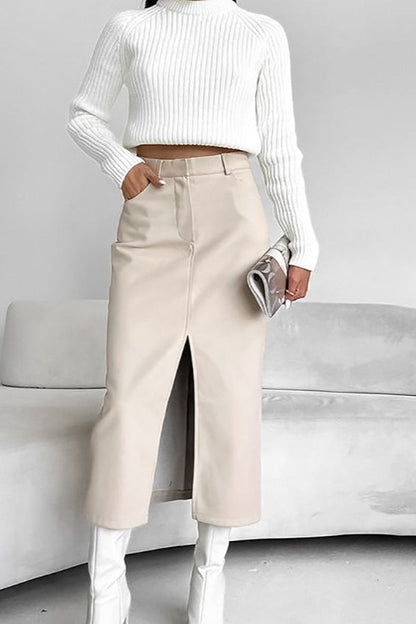 Faux Leather Fleece High-slit Skirt