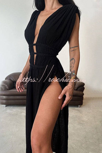 With Elegance Linen Blend Braids Belt Cutout Slit Kaftan Maxi Dress