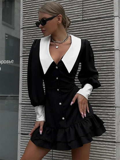 Black Ruffled Patchwork Mini Dress for High Waist V-neck Slim Party Dress Gown ’s Dress