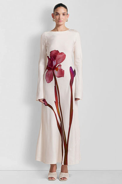 Long Sleeve Print Backless Maxi Dress
