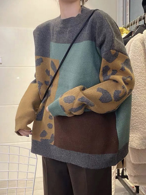 Original Brown Round-neck Contrasting Color Blocks Leopard Long Sleeve Sweater An1048