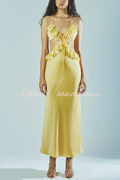 Date Night Satin Chiffon Ruffle Trim Removable Slip Maxi Dress