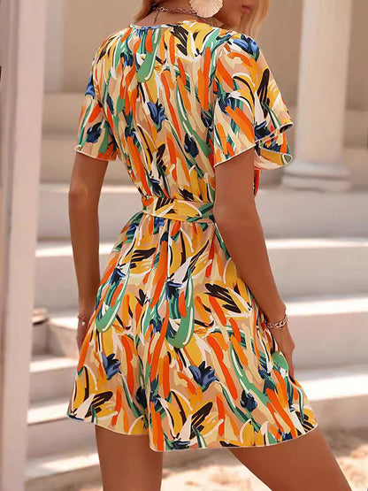 High Waisted Loose Printed Tied Waist V-neck Mini Dresses