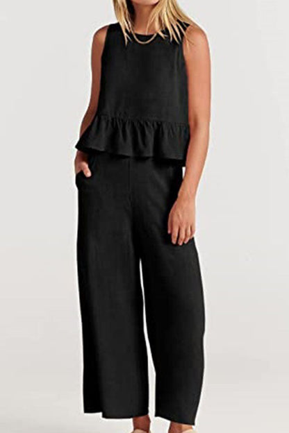 Sleeveless Pleated Vest Wide-leg Cropped Pants Suit