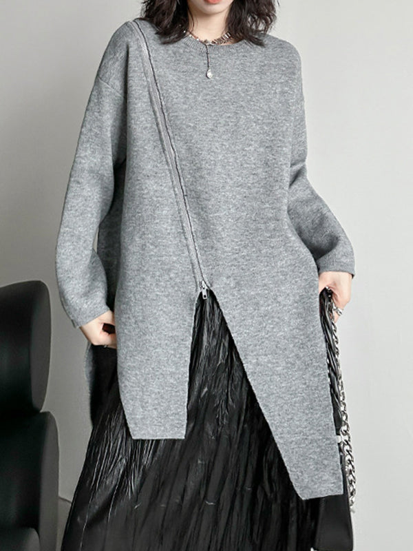 Street Grey Round-neck Zipper Decor Irregular High-low Hem Long Sleeve Sweater An1067