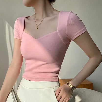 Square Neck Rib Crop T-shirt Summer Short Sleeve Crop Top Color Short Tops Basic Black Tee Shirt