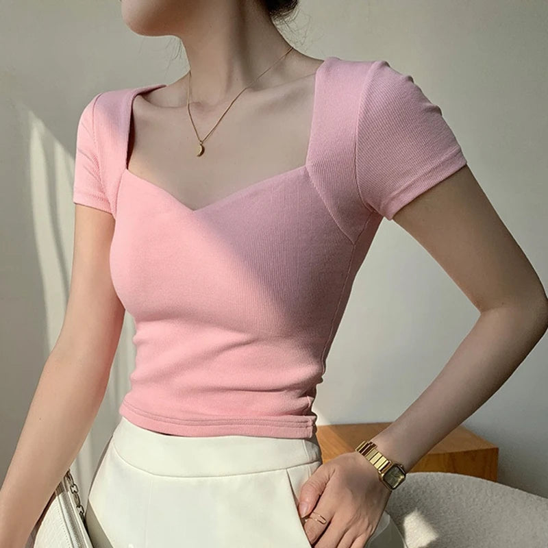 Square Neck Rib Crop T-shirt Summer Short Sleeve Crop Top Color Short Tops Basic Black Tee Shirt