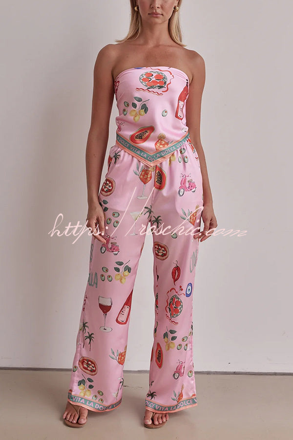 Linen Blend Unique Printed Bandeau Top and Elastic Waist Pocket Pants Set