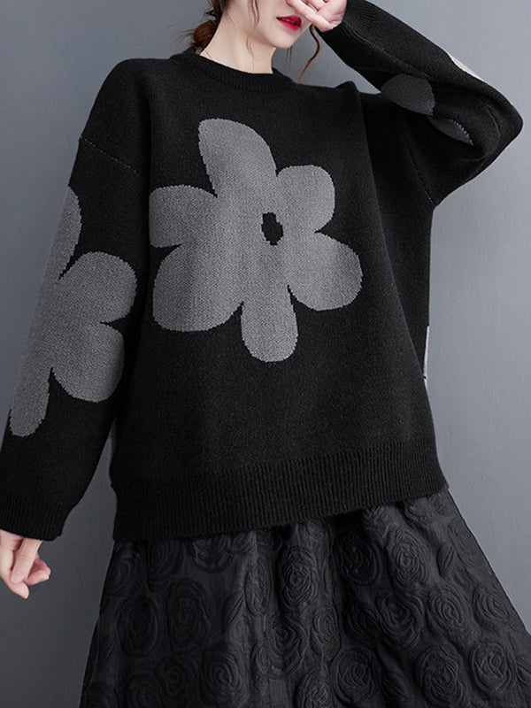 Loose Black Round-neck Contrast Color Flower Long Sleeve Sweater An1070