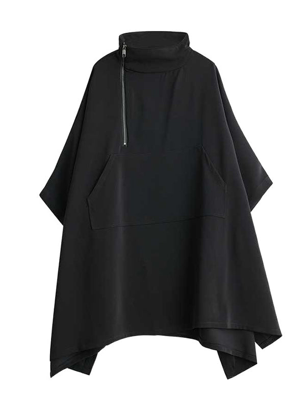 Simple Loose Black Mock Neck With Zipper Buttoned Pockets Batwing Sleeves Sweatshirt Ws016
