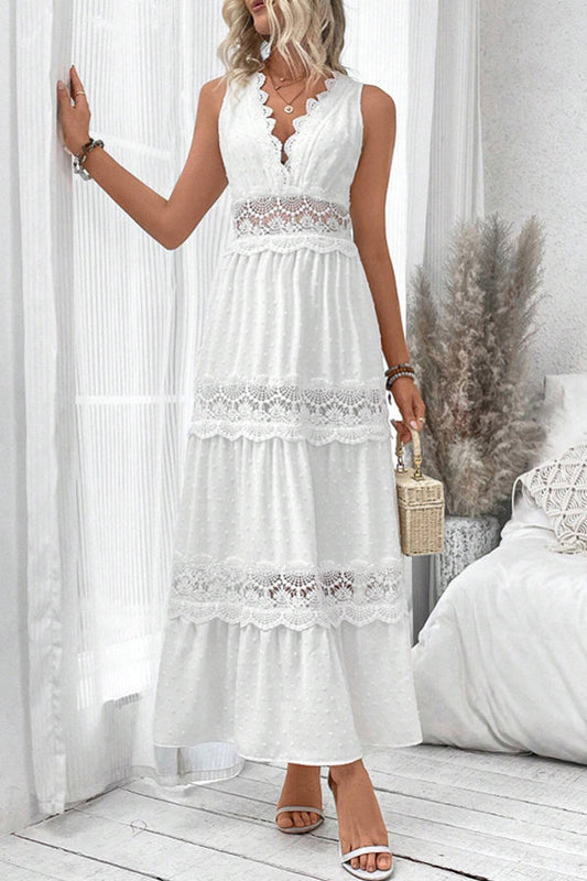 Color Hollow Lace Splicing V-neck Sleeveless Maxi Dress