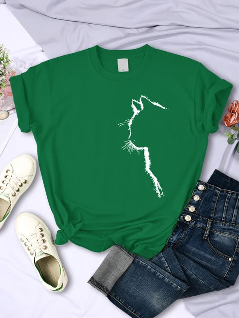 Simple Strokes of Cat Funny Printed T-shirt Short Sleeve O-neck Personality Street Tee Clothing Summer Tops