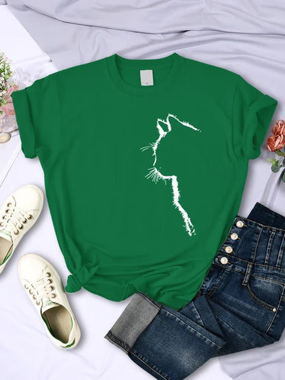 Simple Strokes of Cat Funny Printed T-shirt Short Sleeve O-neck Personality Street Tee Clothing Summer Tops