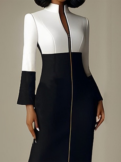 Long Sleeves Contrast Color Split-joint Zipper Stand Collar Midi Dresses
