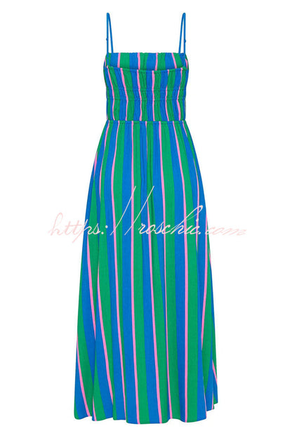 Gigi Linen Blend Stripe Elastic Bodice Pocket Loose Midi Dress