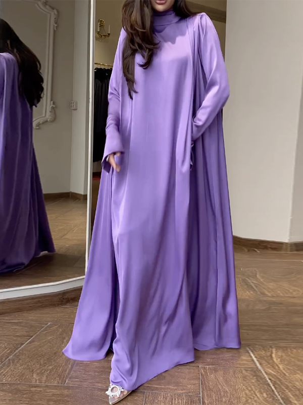 Flared Sleeves Long Sleeves Color High-neck Maxi Dresses