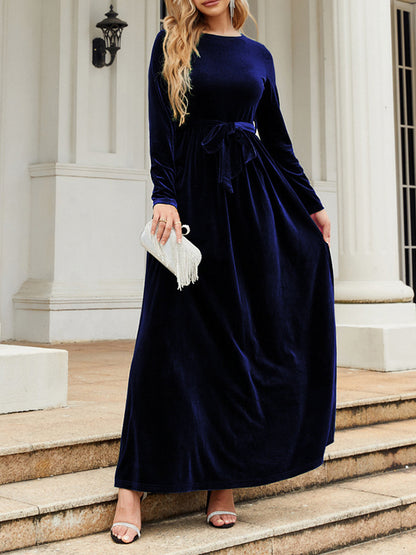 Long Sleeves Wrap Belted Pleated Color Zipper Round-neck Maxi Dresses