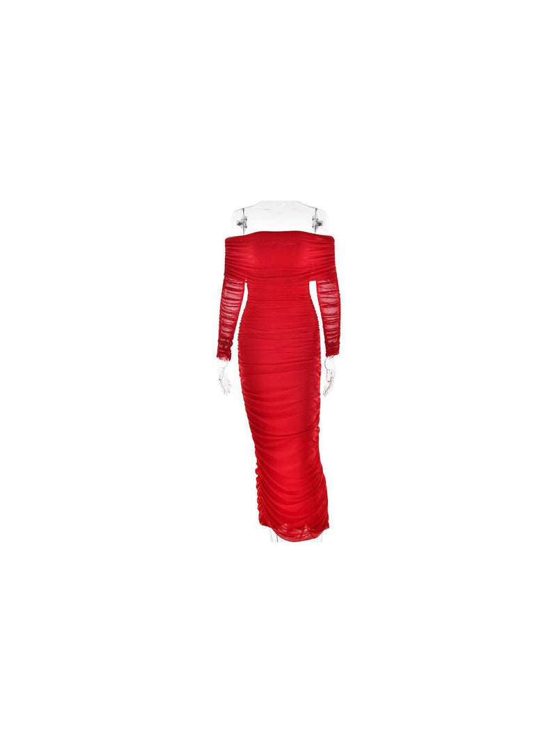 Off Shoulder Ruched Slit Midi Dress