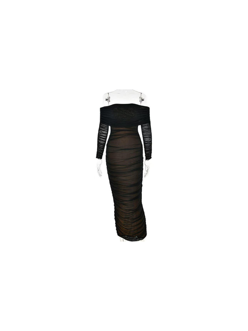 Off Shoulder Ruched Slit Midi Dress