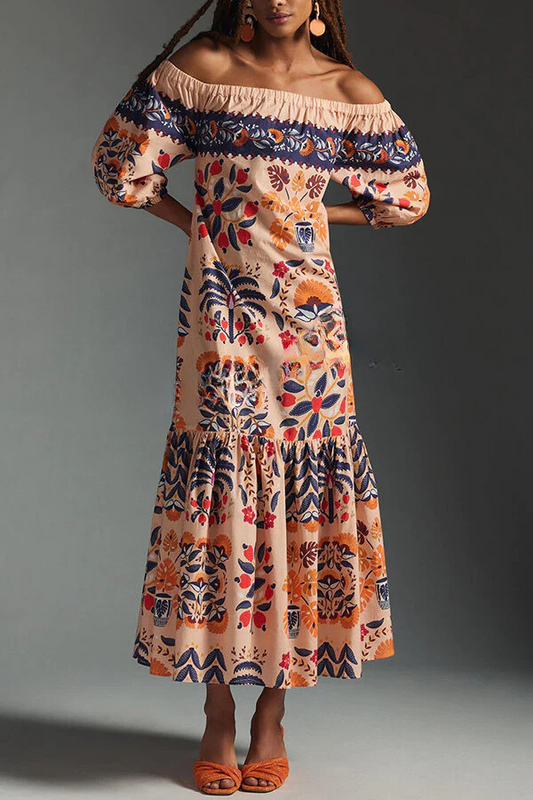 Island Lover Printed Off the Shoulder Pocketed Flowy Midi Dress