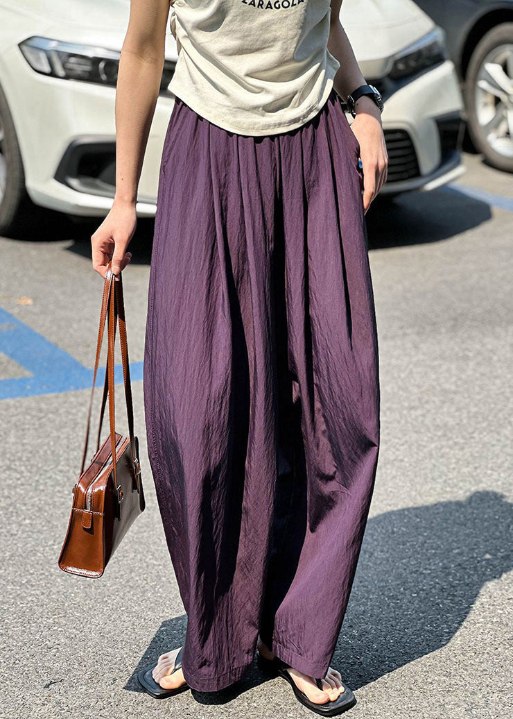 Purple Pockets Elastic Waist Cotton Pants Summer Af1074