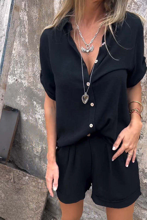 Linen Blend Color Button Lapel Short Sleeve Shirt and Pocket Shorts Set