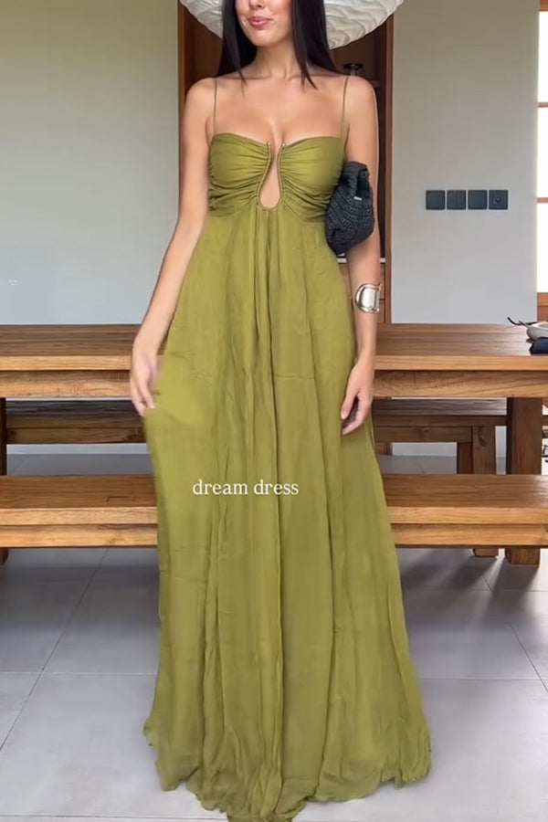 Soft and Metal Hollow Design Back Smocked A-line Slip Maxi Dress