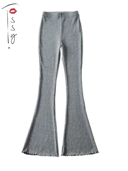 Knitted High Waist Flare Pants for Ribbed Leggings Female Stretchy Bodycon Trousers