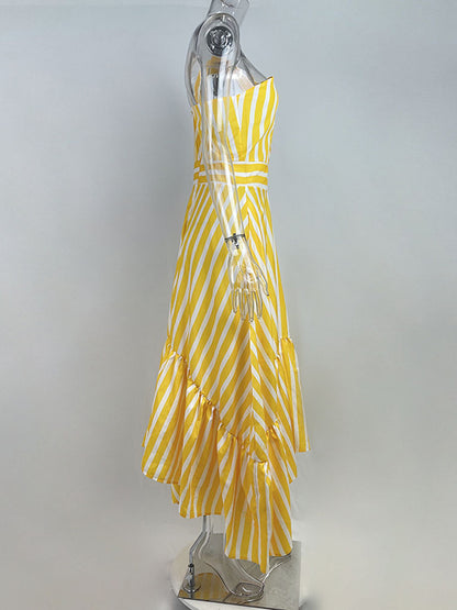 High Waisted Loose Asymmetric Hollow Pleated Pockets Split-joint Striped Zipper One-shoulder Midi Dresses