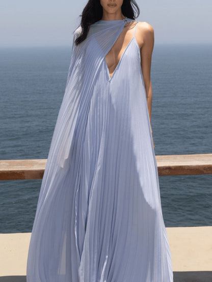 V-neck Pleated Flowy Maxi Dress