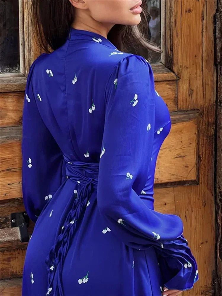 Printed Bandage Long Dress Satin High Street Party Dress Long Sleeve Patchwork Maxi Dress