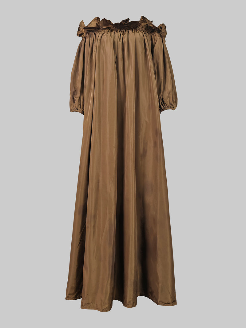 Loose Puff Sleeves Falbala Pleated Color Off-the-shoulder Maxi Dresses
