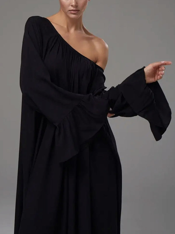 A-line Flared Sleeves Pleated Color Split-joint Round-neck Maxi Dresses