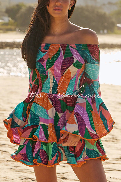 Unique Print Off the Shoulder Pleated Bell Sleeve Fitted Mini Dress