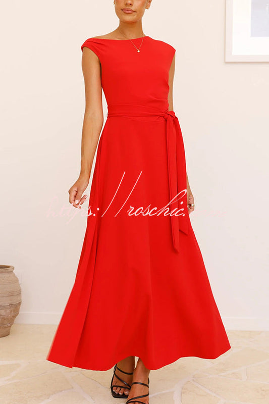 Color Sloped Collar Slim Fit Waist Lace Up Full Hem Maxi Dress