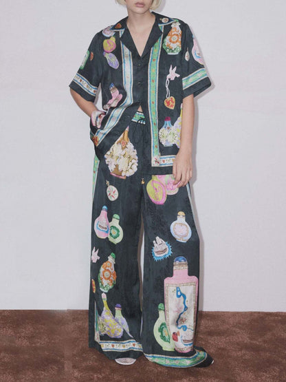 Satin Unique Fun Print Pocket Wide-leg Pants