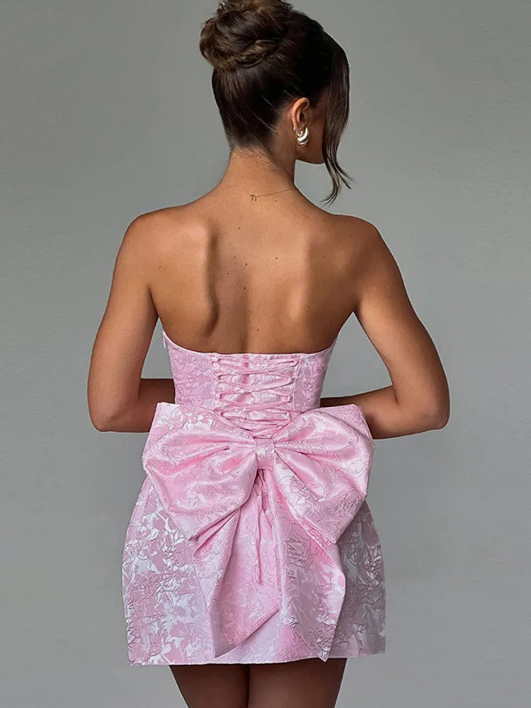 Backless Bow Mini Dress for Off-shoulder Strapless Sleeveless Bodycon Club Party Dress