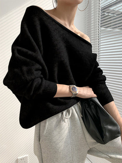 White Off-the-shoulder Long Sleeves Asymmetric Hem Sweater Qx007