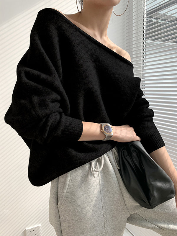 White Off-the-shoulder Long Sleeves Asymmetric Hem Sweater Qx007