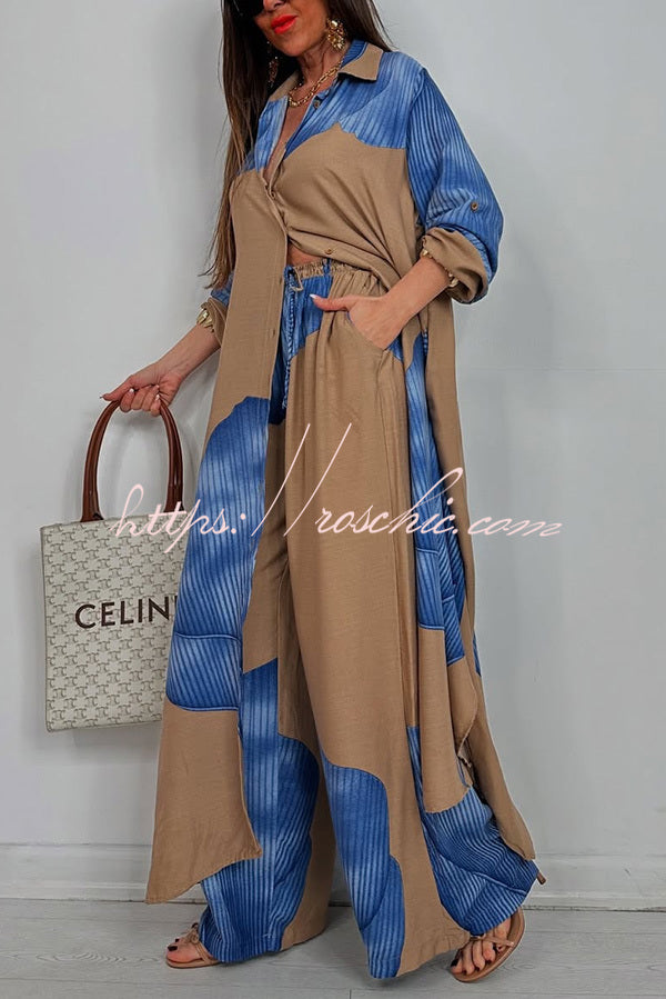 Unique Printed Loose Long Shirt and Elastic Waist Pocket Wide Leg Pants Set