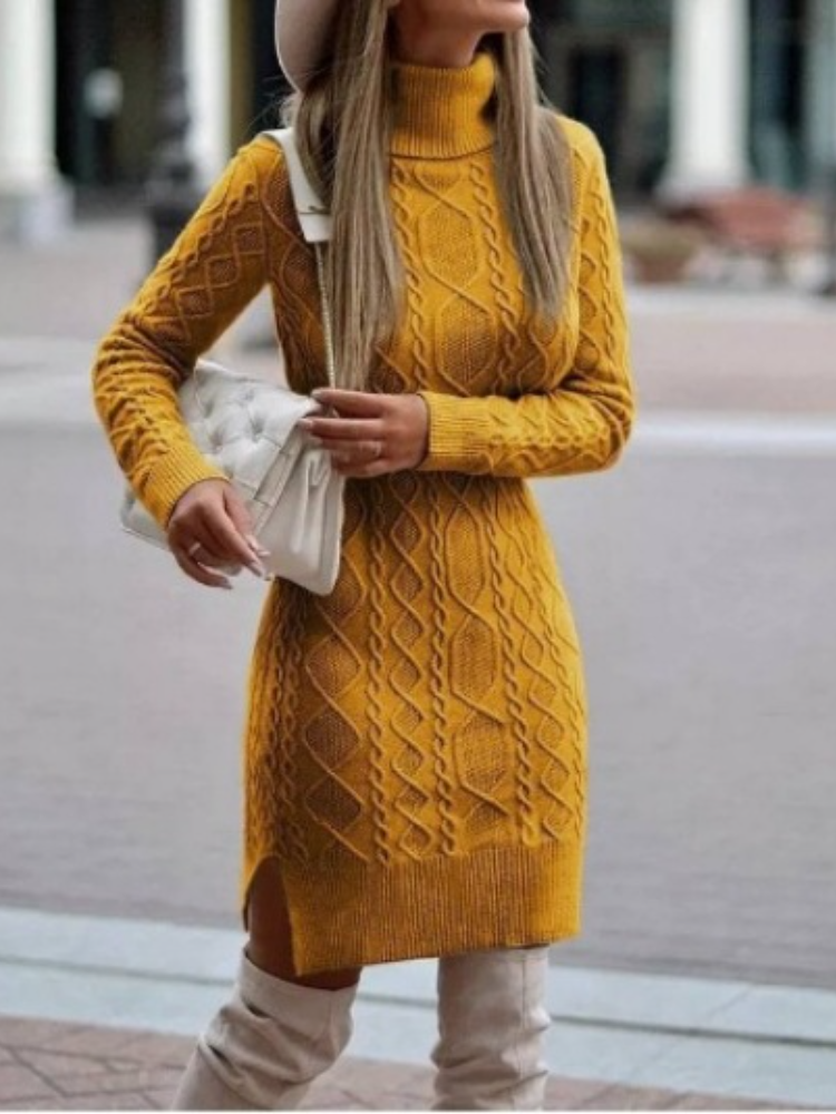 Turtleneck Sweater Color Slit Knitted Sweater Dress